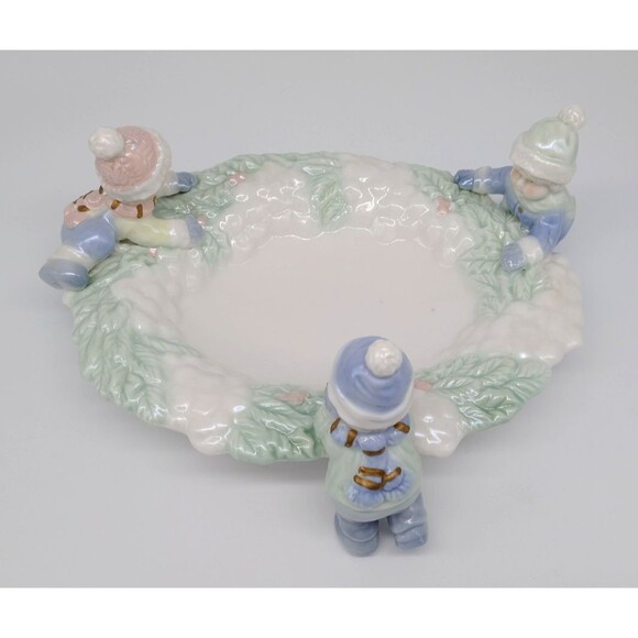 Holiday Ceramic Candy Dish with Winter Children Figurines Snow Cracker Barrel - Picture 7 of 17